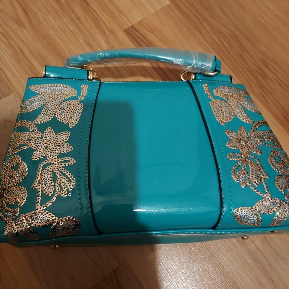 Teal Neptune Green Gold Patent Leather Look Bling Handbag Embroidery Shiny Purse